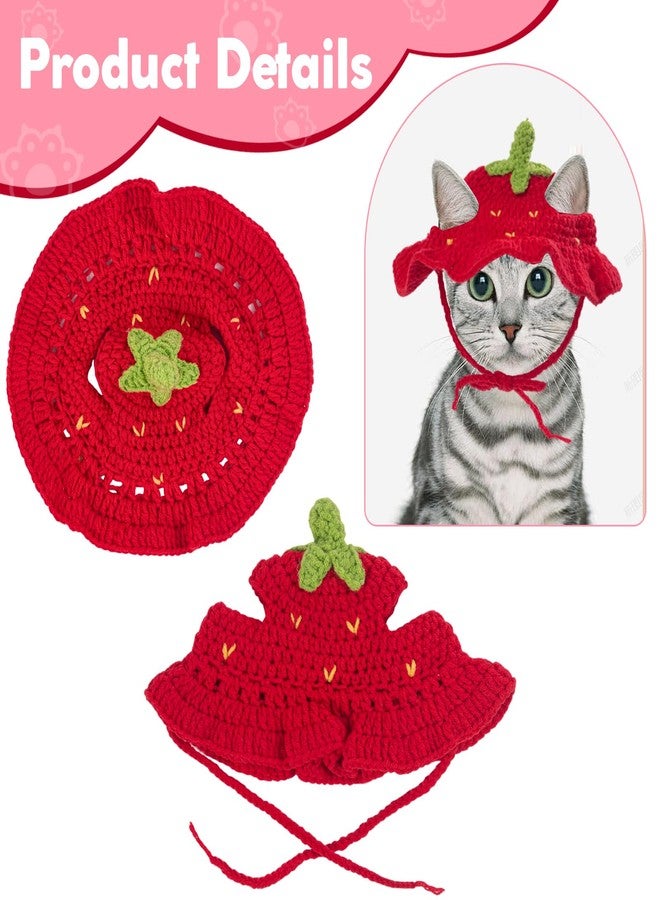 Clofiak Strawberry Cat Hats for Cats Only, Cute Cotton Knitted Clothes for Birthday Party, Christmas Puppy Hat for Small Pets - Image 3
